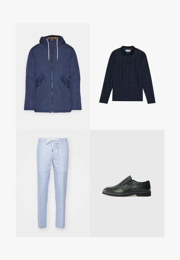 Veste matelassée bleu marine avec capuche, dotée d'une fermeture éclair à l'avant, de deux poches latérales avec boutons et de cordons de serrage blancs.; Polo à manches longues bleu marine avec un col, arborant de fines rayures verticales et une patte de boutonnage à trois boutons. Texture de tissu douce.; Pantalons en lin bleu clair avec une coupe droite, dotés d'une taille à cordon de serrage et d'une texture lisse. Pas de poches visibles ni d'éléments décoratifs.; Chaussure slip-on en cuir noir avec une tige lisse, des accents cousus, un bout arrondi et un petit talon en caoutchouc. La semelle présente un profil de traction minimal.