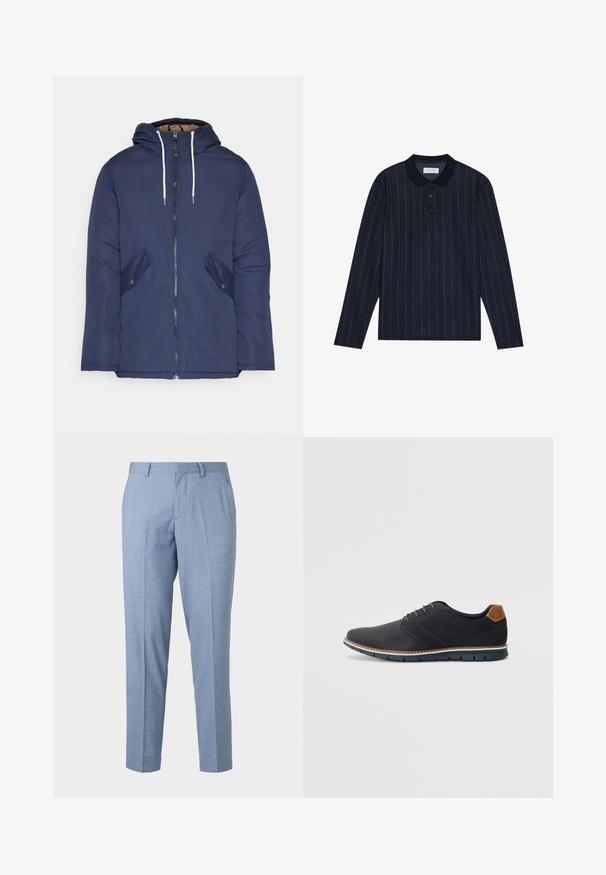 Marineblå polstret jakke med hette, med glidelås foran, to sidelommer med knapper og hvite snorer.; Marineblå langermet polo med krage, med tynne vertikale striper og knappelukking med tre knapper. Myk stofftekstur.; Lyseblå tilpassede bukser med strukturert overflate, skreddersydd design og rette ben. Har frontlommer og beltehemper.; Sorte syntetiske sko med en teksturert overdel, glatte detaljer, brun hæl og en kontrastfarge på sålen. Har minimalt snøring og sømdetaljer.