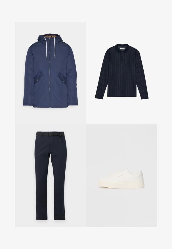Navy plava podstava jakna s kapuljačom, koja ima prednji patentni zatvarač, dva bočna džepa s gumbima i bijele špage.; Mornarska polo majica s dugim rukavima i ovratnikom, s tankim vertikalnim prugama i placket-om s tri gumba. Mekana tkanina.; Tamno plave hlače ravnog kroja, izrađene od izdržljivog materijala. Imaju crni pojas i jednostavan dizajn bez uzoraka.; Bijele slip-on tenisice s teksturiranom površinom, debelim đonom i minimalističkim dizajnom. Sadrže logo branda sa strane.
