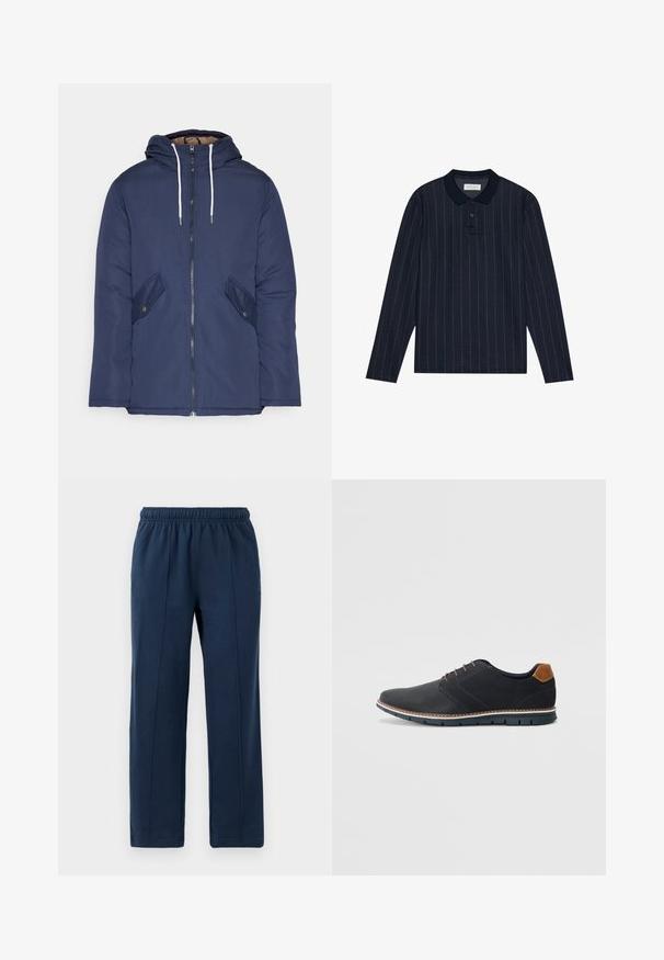 Navy blue padded jacket with a hood, featuring a front zipper, two side pockets with buttons, and white drawstrings.; Navy long-sleeve polo shirt with a collared neckline, featuring thin vertical stripes and three-button placket. Soft fabric texture.; Navy blue, elastic waistband trousers with a relaxed fit. Features vertical stitching details and soft cotton texture.; Black synthetic shoes with a textured upper, smooth accents, brown heel, and a contrasting sole. Features minimal lacing and stitch details.