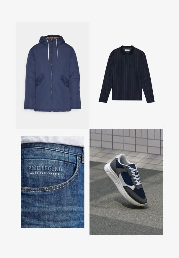 Mornarsko modra podložena jakna s kapuco, ki ima sprednji zadrgo, dva stranska žepa s gumbi in bele vrvice.; Mornarsko modra polo majica z dolgimi rokavi in ovratnikom, ki ima tanke vertikalne črte in zapenjanje na tri gumbe. Mehka tekstura blaga.; Denim hlače z modrim pranjem, ki na zadnjem žepu nosijo oznako z vtisnjenim napisom "PME LEGEND AMERICAN CLASSIC" v beli barvi. Gladka tekstura.; Superge z zgornjim delom iz mrežaste tkanine v mornarsko modri barvi, sivi usnjeni poudarki, belo gumijasto podplato in ravnimi belimi vezalkami, zasnovane za udobje in zračnost.