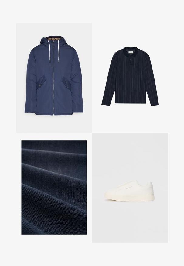 Tumesinine vahtkatseline jakk, millel on kapuuts, esilukk, kaks küljetaskut nupuga ja valged tõmblukud.; Tumesinise pika varrukaga polo särk, millel on kraelõige, õhukesed vertikaalsed triibud ja kolme nupuga klapp. Pehme kangastekstuur.; Tume sinine denimpink, millel on ribane tekstuur, näidates kortse ja laineid, rõhutades selle kaalu ja vastupidavust.; Valged libisemiskindlad tossud tekstuuriga pinnaga, paksu tallaga ja minimalistikus disainis. Küljel on brändi logo.