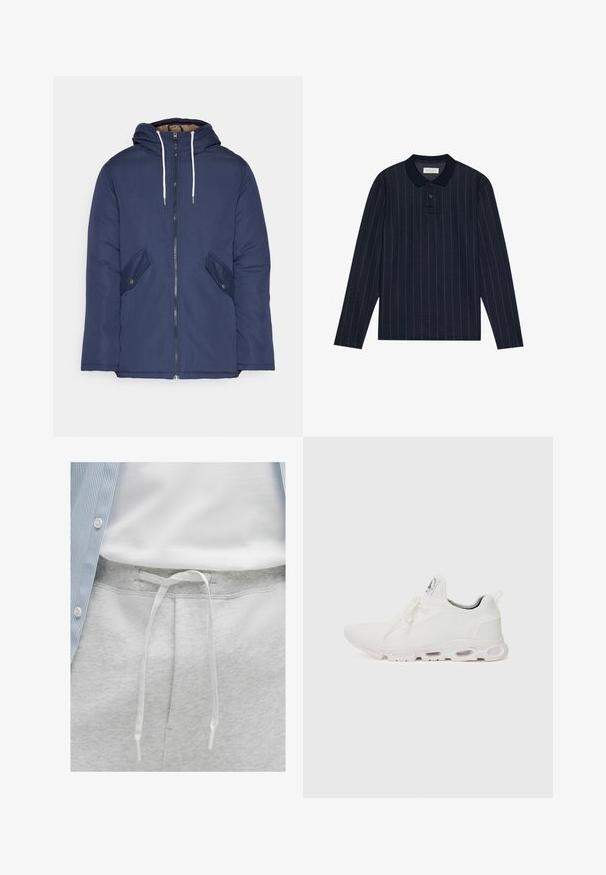 Tumesinine vahtkatseline jakk, millel on kapuuts, esilukk, kaks küljetaskut nupuga ja valged tõmblukud.; Tumesinise pika varrukaga polo särk, millel on kraelõige, õhukesed vertikaalsed triibud ja kolme nupuga klapp. Pehme kangastekstuur.; Heledad hallid särkidega pehmed hallid dressipüksid, millel on valgest nöörist kinnitamine ja soonikkoes vöökoht. Peal on siniste triipudega nööpidega särk.; Valged sportijalatsid, millel on tekstuuriga kudum peal, lame paelad ja pehmendatud tallad nähtavate õhukambritega täiendava toe jaoks.