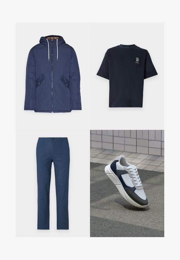 Marineblå polstret jakke med hette, med glidelås foran, to sidelommer med knapper og hvite snorer.; Marineblå bomull T-skjorte med korte ermer, rund hals og en liten brodert grafikk på venstre bryst.; Marineblå bukser laget av et lett stoff, med rett snitt, glidelåsfront, knappelukking og sidelommer.; Hvitt, marineblått og grått sportsko med en blandet materialdesign, som har en teksturert overdel, flate snørebånd og en polstret såle.