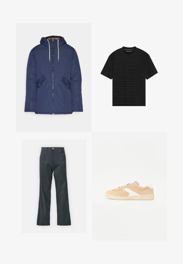 Laivasilkkinen vuorattu takki hupulla, jossa on etuvetoketju, kaksi nappikiinnityksellä varustettua sivutaskua ja valkoiset nyörit.; Musta lyhythihainen t-paita, jossa on ohuita valkoisia vaakaraitoja. Valmistettu pehmeästä kankaasta, jossa on pyöreä kaula-aukko ja rento istuvuus.; Mustat housut suoran lahkeen leikkauksella, valmistettu puuvillasekoitekankaasta. Varustettu metallinappikiinnityksellä ja sivutaskuilla. Ei näkyviä kuvioita.; Beige mokkasienet, joissa on valkoisia yksityiskohtia, pyöreä kärki ja nauhakiristys. Karkaistu päällinen ja kumipohja, jossa on huomaamaton brändäys.