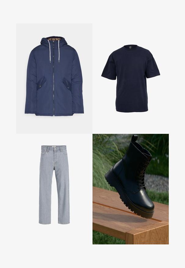 Mornarsko modra podložena jakna s kapuco, ki ima sprednji zadrgo, dva stranska žepa s gumbi in bele vrvice.; Mornarsko modra bombažna majica s kratkimi rokavi, krožnim ovratnikom in sproščenim fitom. Gladka tekstura, brez vidnih vzorcev ali okraskov.; Svetlo modri kavbojki s sproščenim krojem, naravnost oblikovani nogi, vidnimi šivi, dvema sprednjima žepoma in gumbnim zapiranjem.; Črne usnjene gležnarske čevlje z teksturirano površino, vezanjem spredaj in debelim, rebrastim podplatom. Prikazani na lesenem podstavku z ozadjem trave.