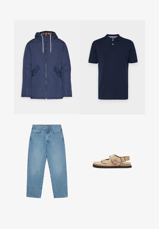 Tumesinine vahtkatseline jakk, millel on kapuuts, esilukk, kaks küljetaskut nupuga ja valged tõmblukud.; Tumed sinise lühikese varrukaga polo särk, valmistatud puuvillast, millel on kraega kaelus kolmes nupuga ja peened horisontaalribalised kaeluses.; Heledad tumesinised lai jalgadega teksad kõrge vöökohtaga, millel on viis taskut, vöökohad ja pehme, kergelt pleekinud tekstuur.; Beige suedsandaalid, millel on kaks reguleeritavat hõbedast klambrit, avatud varvas, tagarihm ja lame must kummitald. Minimalistlik disain, pehme tekstuur.