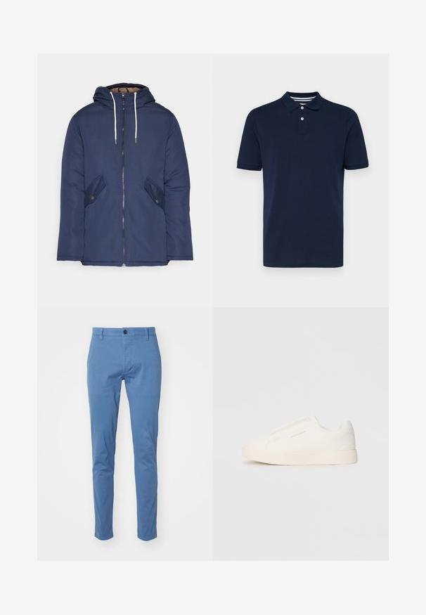 Giacca imbottita blu navy con cappuccio, dotata di zip frontale, due tasche laterali con bottoni e lacci bianchi.; Polo shirt blu navy a maniche corte realizzato in cotone, con scollatura a polo con tre bottoni e sottili strisce orizzontali sul colletto.; DOCKERS SMART SUPREME FLEX SKINNY - Chino - bluefin; Sneakers bianchi slip-on con superficie texturizzata, suola spessa e design minimalista. Presentano il logo del marchio sul lato.