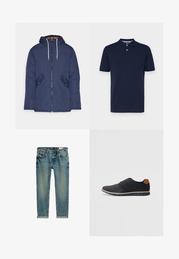 Chaqueta acolchada de color azul marino con capucha, cuenta con un cierre frontal de cremallera, dos bolsillos laterales con botones y cordones blancos.; Polo de manga corta azul marino hecho de algodón, con cuello de solapa y tres botones, y sutiles rayas horizontales en el cuello.; Vaqueros de mezclilla azul claro con un diseño de pierna recta, que presentan un lavado desvanecido, dobladillos enrollados, dos bolsillos delanteros y un pequeño bolsillo trasero.; Zapatos sintéticos negros con un upper texturizado, acentos lisos, tacón marrón y una suela en contraste. Presenta un cordón mínimo y detalles de costura.