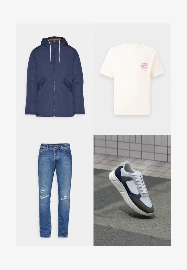 Tumesinine vahtkatseline jakk, millel on kapuuts, esilukk, kaks küljetaskut nupuga ja valged tõmblukud.; Valge lühikeste varrukatega T-särk, millel on vasakul rinnal punane tekst "Studio Originals Edition", esitatud neutraalsel hallil taustal.; Sinised teksapüksid otse lõikega, millel on kulumise detailid reitel, nähtavad õmblused ja klassikaline viie-tasku disain.; Valge, mereväe sinine ja hall spordijalats, millel on segatud materjalide disain, tekstureeritud ülemine osa, lame pael ja pehme talla.