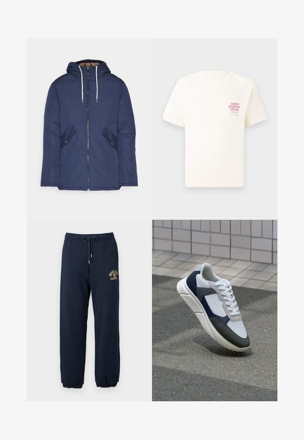 Jūrinė mėlyna pūkinė striukė su kapišonu, turinti priekinį užtrauktuką, dvi šonines kišenes su sagomis ir baltus raiščius.; Balta trumpa rankovėmis marškinėliai su raudonu užrašu "Studio Originals Edition" kairiajame krūtinės šone, rodomi neutralioje pilkoje aplinkoje.; Tamsiai mėlynos sportinės kelnės pagamintos iš medvilnės mišinio, su elastingu juosmeniu ir reguliuojamu raišteliu; ant šlaunies yra auksinis logotipas.; Baltos, tamsiai mėlynos ir pilkos sportbačiai su mišriomis medžiagomis, turintys tekstūruotą viršutinę dalį, plokščius raištelius ir paminkštintą pado dalį.