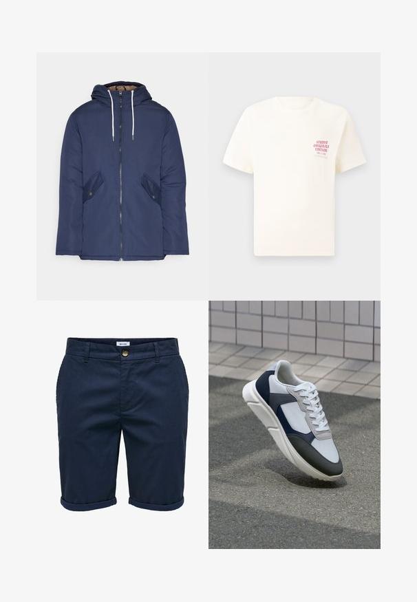 Marineblau gepadded Jacke mit Kapuze, ausgestattet mit einem Reißverschluss vorne, zwei seitlichen Taschen mit Knöpfen und weißen Kordeln.; Weißes T-Shirt mit kurzen Ärmeln und rotem Text "Studio Originals Edition" auf der linken Brust, präsentiert vor einem neutralen grauen Hintergrund.; Marineblaue Shorts aus strukturiertem Stoff mit Knopfverschluss, umgeschlagenen Säumen und Seitentaschen, die ein dezentes Muster aufweisen.; Weißer, marineblauer und grauer Sneaker mit einem Materialmix-Design, das ein strukturiertes Obermaterial, flache Schnürsenkel und eine gepolsterte Sohle aufweist.