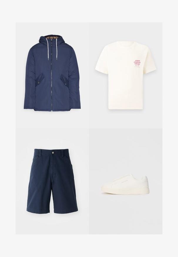 Marineblauwe gewatteerde jas met een capuchon, voorzien van een rits aan de voorkant, twee zijzakken met knopen en witte trekkoorden.; Witte T-shirt met korte mouwen met rode tekst "Studio Originals Edition" op de linker borst, weergegeven op een neutrale grijze achtergrond.; Marineblauwe katoenen shorts met een platte voorkant, twee zijzakken en een enkele knoopsluiting in de taille. Klassiek recht model.; Witte instap sneakers met een gestructureerd oppervlak, een dikke zool en een minimalistisch ontwerp. Bevat het merklogo aan de zijkant.