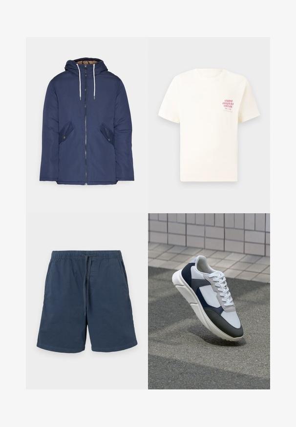 Marineblau gepadded Jacke mit Kapuze, ausgestattet mit einem Reißverschluss vorne, zwei seitlichen Taschen mit Knöpfen und weißen Kordeln.; Weißes T-Shirt mit kurzen Ärmeln und rotem Text "Studio Originals Edition" auf der linken Brust, präsentiert vor einem neutralen grauen Hintergrund.; Marineblaue Shorts aus Baumwolle mit elastischem Bund und Kordelzug. Mit Seitentaschen und geradem Schnitt.; Weißer, marineblauer und grauer Sneaker mit einem Materialmix-Design, das ein strukturiertes Obermaterial, flache Schnürsenkel und eine gepolsterte Sohle aufweist.