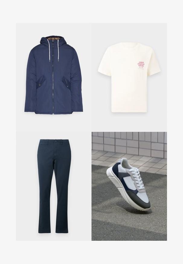 Marineblau gepadded Jacke mit Kapuze, ausgestattet mit einem Reißverschluss vorne, zwei seitlichen Taschen mit Knöpfen und weißen Kordeln.; Weißes T-Shirt mit kurzen Ärmeln und rotem Text "Studio Originals Edition" auf der linken Brust, präsentiert vor einem neutralen grauen Hintergrund.; Navyblaue, Baumwollmischung-Hosen mit geradem Bein, ausgestattet mit Taschen vorne, einem Knopfverschluss und Gürtelschlaufen. Glatte Textur.; Weißer, marineblauer und grauer Sneaker mit einem Materialmix-Design, das ein strukturiertes Obermaterial, flache Schnürsenkel und eine gepolsterte Sohle aufweist.