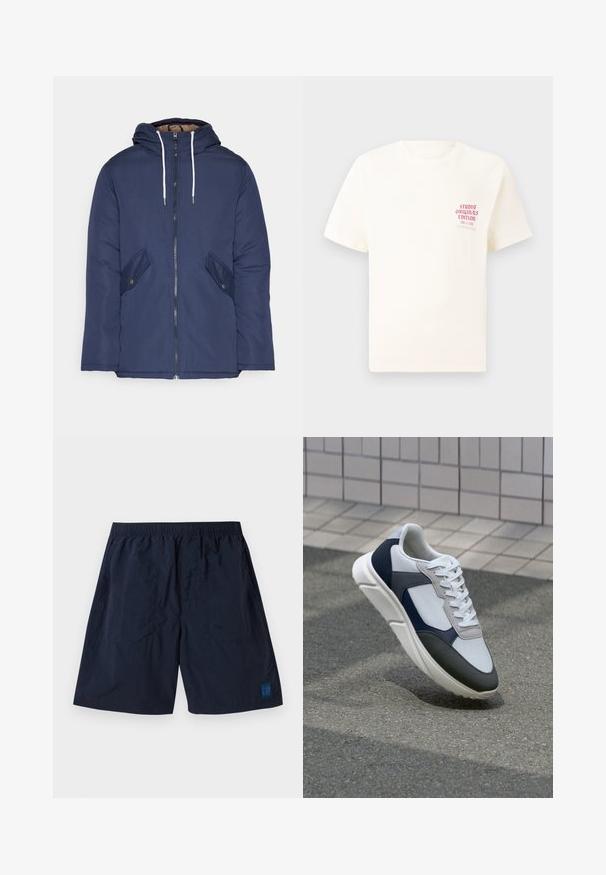 Sötétkék bélelt dzseki kapucnival, elülső cipzárral, két oldalsó zsebbel gombokkal és fehér húzózsinórokkal.; Fehér, rövid ujjú póló, bal mellen piros szöveggel "Studio Originals Edition", semleges szürke háttér előtt.; Sötétkék rövidnadrág könnyű anyagból, elasztikus derekú, a jobb alsó sarokban egy kis négyzet alakú GAP logóval.; Fehér, tengerészkék és szürke sneaker vegyes anyagokból készült dizájnnal, amely textúrázott felsőrésszel, lapos fűzőkkel és párnázott talppal rendelkezik.