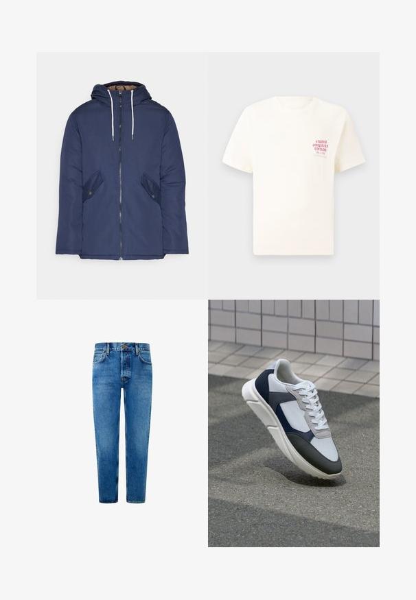 Jūrinė mėlyna pūkinė striukė su kapišonu, turinti priekinį užtrauktuką, dvi šonines kišenes su sagomis ir baltus raiščius.; Balta trumpa rankovėmis marškinėliai su raudonu užrašu "Studio Originals Edition" kairiajame krūtinės šone, rodomi neutralioje pilkoje aplinkoje.; Mėlyni džinsai su tiesiu sijonu, su mygtukų uždarymu, penkių kišenių dizainu ir subtiliu blukimu, suteikiančiu papildomą tekstūrą.; Baltos, tamsiai mėlynos ir pilkos sportbačiai su mišriomis medžiagomis, turintys tekstūruotą viršutinę dalį, plokščius raištelius ir paminkštintą pado dalį.