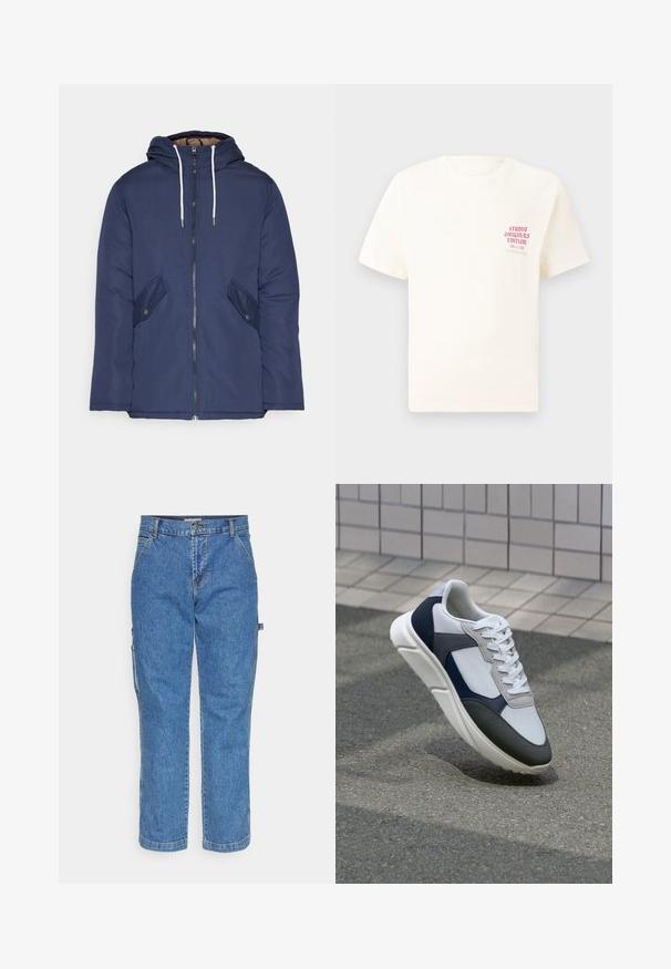 Jūras zila pufīgā jaka ar kapuci, kas aprīkota ar priekšējo rāvējslēdzēju, divām sānu kabatām ar pogām un baltiem aukliņām.; Balts īsām piedurknēm T-krekls ar sarkanu tekstu "Studio Originals Edition" uz kreisā krūšu, pakārtots neitrālā pelēkā fonā.; Zilās denim stila kravas bikses ar taisnu kāju dizainu, pogu aizdari un sānu kabatām. Audumam ir klasiska, teksturēta auduma struktūra.; Balti, tumši zili un pelēki sporta apavi ar jauktu materiālu dizainu, kuram ir teksturēts augšdaļa, plakani šņores un mīkstināta zole.