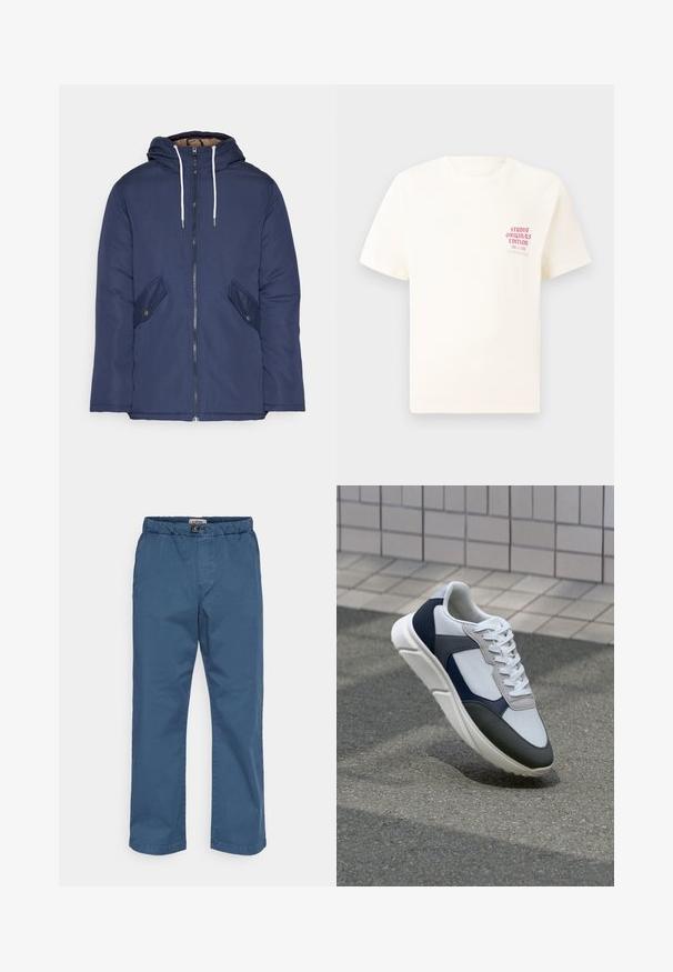 Marineblauwe gewatteerde jas met een capuchon, voorzien van een rits aan de voorkant, twee zijzakken met knopen en witte trekkoorden.; Witte T-shirt met korte mouwen met rode tekst "Studio Originals Edition" op de linker borst, weergegeven op een neutrale grijze achtergrond.; Chino-broek in donkerblauwe katoen. Kenmerkt zich door een elastische tailleband, rechte pijpen en een gladde textuur. Geen zichtbare patronen of versieringen.; Witte, marineblauwe en grijze sneaker met een gemengde materiaald ontwerp, met een gestructureerde bovenkant, platte veters en een gevoerde zool.