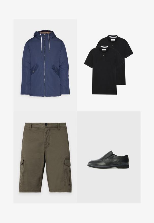 Veste matelassée bleu marine avec capuche, dotée d'une fermeture éclair à l'avant, de deux poches latérales avec boutons et de cordons de serrage blancs.; Deux polos noirs, à manches courtes, en coton, avec un col classique, une patte de boutonnage à deux boutons, et des accents rayés blancs à l'intérieur du col.; Shorts cargo vert olive en tissu texturé avec deux poches latérales et une fermeture à bouton à l'avant. De longueur intermédiaire avec une coupe droite.; Chaussure slip-on en cuir noir avec une tige lisse, des accents cousus, un bout arrondi et un petit talon en caoutchouc. La semelle présente un profil de traction minimal.