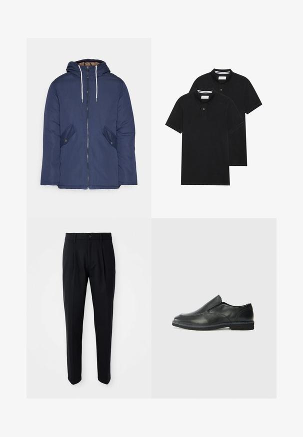 Navy plava podstava jakna s kapuljačom, koja ima prednji patentni zatvarač, dva bočna džepa s gumbima i bijele špage.; Dva crna polo majice, kratki rukavi, pamučni materijal, sa klasičnom ovratnikom, čepom sa dva gumba i bijelim prugastim detaljima unutar ovratnika.; Crne krojene hlače s prednjim naborima, zatvaranjem na dugme i petljama za remen, prikazane na bijeloj pozadini.; Crne kožne cipele na sklapanje s glatkom gornjom površinom, prošivenim detaljima, zaobljenim vrhom i niskim gumene potplate. Potplat ima minimalne uzorke.
