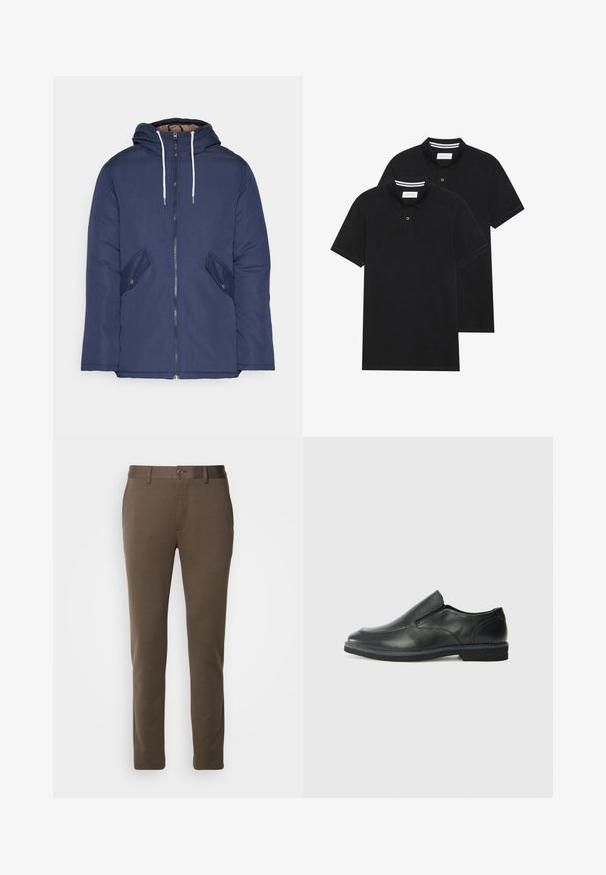 Navy blue padded jacket with a hood, featuring a front zipper, two side pockets with buttons, and white drawstrings.; Two black polo shirts, short-sleeved, cotton material, featuring a classic collar, two-button placket, and white striped accents inside the collar.; Brown slim-fit trousers made of smooth fabric, featuring a button closure and belt loops, with a clean design and straight leg cut.; Black leather slip-on shoe with a smooth upper, stitched accents, rounded toe, and a low rubber heel. Sole features minimal tread.