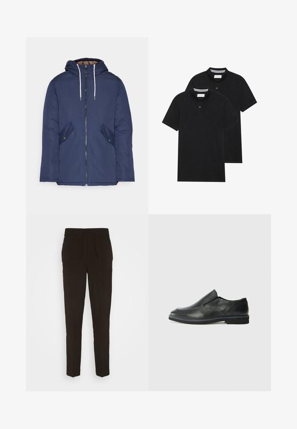 Giacca imbottita blu navy con cappuccio, dotata di zip frontale, due tasche laterali con bottoni e lacci bianchi.; Due magliette polo nere, con maniche corte, in cotone, con colletto classico, pattina a due bottoni e dettagli a righe bianche all'interno del colletto.; Pantaloni neri, lunghi e affusolati, realizzati in un materiale morbido e liscio. Presentano una vita elasticizzata con un cordino per una vestibilità regolabile.; Scarpa nera in pelle con inserto scivolare, superiore liscio, dettagli cuciti, punta arrotondata e tacco in gomma basso. La suola presenta un battistrada minimale.