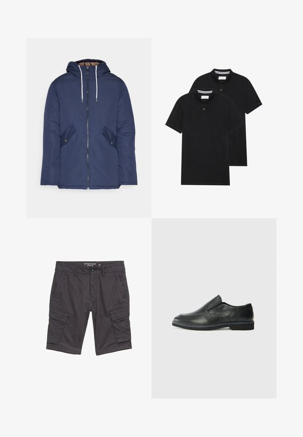 Chaqueta acolchada de color azul marino con capucha, cuenta con un cierre frontal de cremallera, dos bolsillos laterales con botones y cordones blancos.; Dos camisetas polo negras, de manga corta, de material de algodón, que presentan un cuello clásico, una tapeta de dos botones y acentos de rayas blancas en el interior del cuello.; Pantalones cargo grises hechos de una tela ligera, con múltiples bolsillos y un cierre de botón con pasadores para cinturón. Logo de la marca en el bolsillo lateral.; Zapato negro de cuero sin cordones con un upper suave, detalles de costura, punta redonda y un bajo tacón de goma. La suela presenta una tracción mínima.