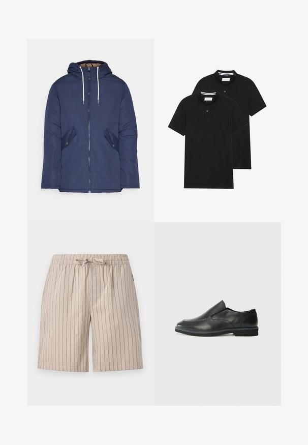 Marinblå vadderad jacka med huva, som har en framdragkedja, två sidofickor med knappar och vita dragsnören.; Två svarta polo t-shirts, kortärmade, i bomullsmaterial, med en klassisk krage, tvåknappsslutning och vita randiga accenter inuti kragen.; Beige randiga shorts i lättviktigt tyg. Har resårmidja med dragsko och sidofickor. Vertikala smala ränder som detalj.; Svart lädersko i slip-on-modell med en slät ovandel, sömnadsdetaljer, rund tå och låg gummihäl. Sulan har minimal mönstring.