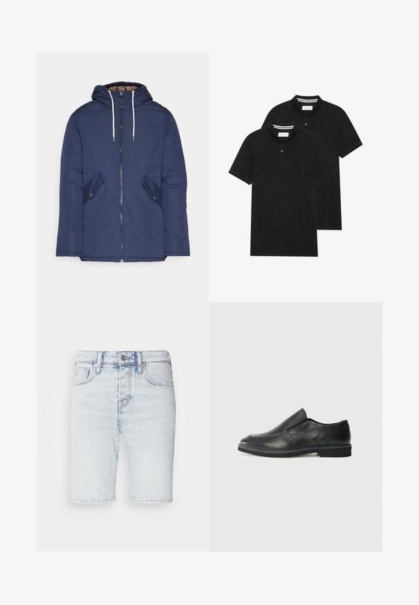 Veste matelassée bleu marine avec capuche, dotée d'une fermeture éclair à l'avant, de deux poches latérales avec boutons et de cordons de serrage blancs.; Deux polos noirs, à manches courtes, en coton, avec un col classique, une patte de boutonnage à deux boutons, et des accents rayés blancs à l'intérieur du col.; Shorts en denim bleu clair, taille haute avec une coupe ajustée, comportant cinq poches et des coutures contrastées. Ourlet brut avec une texture décolorée.; Chaussure slip-on en cuir noir avec une tige lisse, des accents cousus, un bout arrondi et un petit talon en caoutchouc. La semelle présente un profil de traction minimal.