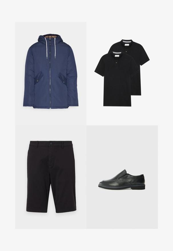 Chaqueta acolchada de color azul marino con capucha, cuenta con un cierre frontal de cremallera, dos bolsillos laterales con botones y cordones blancos.; Dos camisetas polo negras, de manga corta, de material de algodón, que presentan un cuello clásico, una tapeta de dos botones y acentos de rayas blancas en el interior del cuello.; Pantalones cortos negros hechos de una tela ligera. Cuentan con un cierre de botones, presillas para cinturón, dos bolsillos laterales y un corte recto.; Zapato negro de cuero sin cordones con un upper suave, detalles de costura, punta redonda y un bajo tacón de goma. La suela presenta una tracción mínima.