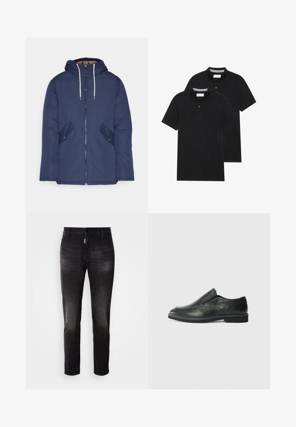 Giacca imbottita blu navy con cappuccio, dotata di zip frontale, due tasche laterali con bottoni e lacci bianchi.; Due magliette polo nere, con maniche corte, in cotone, con colletto classico, pattina a due bottoni e dettagli a righe bianche all'interno del colletto.; Jeans in denim nero con taglio dritto, dotati di chiusura a bottone, cinque tasche e una leggera sfumatura nella trama del tessuto.; Scarpa nera in pelle con inserto scivolare, superiore liscio, dettagli cuciti, punta arrotondata e tacco in gomma basso. La suola presenta un battistrada minimale.