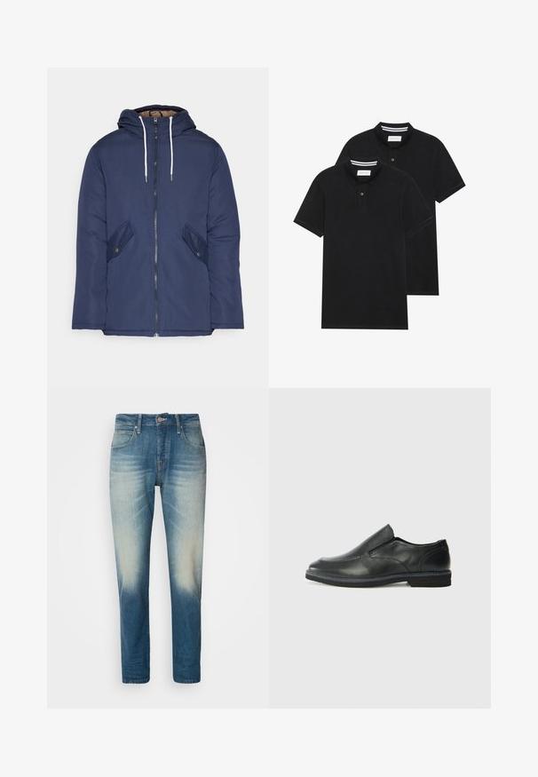 Mornarsko modra podložena jakna s kapuco, ki ima sprednji zadrgo, dva stranska žepa s gumbi in bele vrvice.; Dve črne polo majice, kratke rokave, iz bombažnega materiala, z klasik ovratnikom, dvobodno zaponko in belimi črtkami znotraj ovratnika.; Svijetloplave traperice s izblijedjelim završetkom, pet džepova, kopčanje na dugme, ravni kroj i kontrastni šavovi.; Črne usnjene natikače z gladkim zgornjim delom, prišitimi detajli, zaobljenim nosom in nizkim gumijastim petkom. Podplat ima minimalen profil.