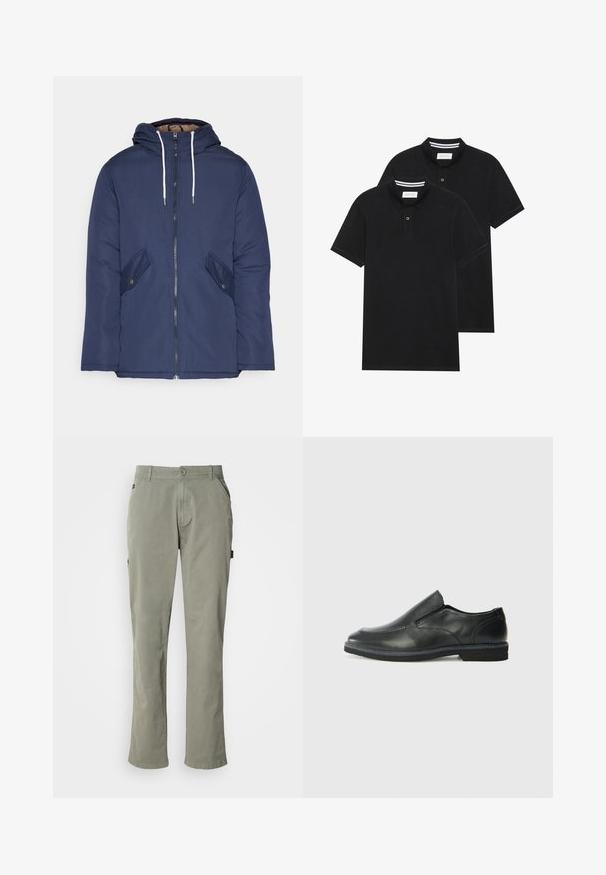Granatowa pikowana kurtka z kapturem, z zamkiem z przodu, dwoma bocznymi kieszeniami z guzikami oraz białymi sznurkami.; Dwie czarne koszulki polo z krótkim rękawem, wykonane z materiału bawełnianego, z klasycznym kołnierzykiem, z zapięciem na dwa guziki oraz białymi paskami wewnątrz kołnierza.; Jasnozielone bawełniane spodnie o prostym kroju, z przednimi kieszeniami, zapięciem na guzik oraz pasem z tkaniną do paska.; Czarne skórzane buty wsuwane z gładką cholewką, przeszyciami, okrągłym noskiem i niskim gumowym obcasem. Podeszwa ma minimalny bieżnik.