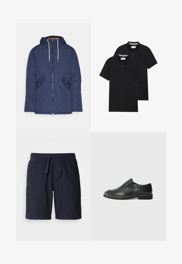Mornarsko modra podložena jakna s kapuco, ki ima sprednji zadrgo, dva stranska žepa s gumbi in bele vrvice.; Dve črne polo majice, kratke rokave, iz bombažnega materiala, z klasik ovratnikom, dvobodno zaponko in belimi črtkami znotraj ovratnika.; Mornarsko modri kratki hlače iz lahkega materiala, z elastičnim pasom in vrvico ter stranskimi žepi. Priložnostna zasnova s šivi.; Črne usnjene natikače z gladkim zgornjim delom, prišitimi detajli, zaobljenim nosom in nizkim gumijastim petkom. Podplat ima minimalen profil.