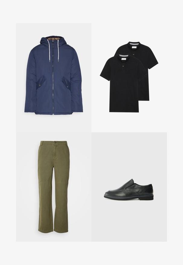 Námorně modrá prošívaná bunda s kapucí, která má přední zip, dvě boční kapsy s knoflíky a bílé šňůrky.; Dvě černé polokošile s krátkým rukávem z bavlny, s klasickým límcem, dvouknoflíkovou légou a bílými pruhovanými akcenty uvnitř límce.; Olivové bavlněné kalhoty s rovnými nohavicemi, viditelným zapínáním na knoflík a švy na kolenou pro zvýraznění detailu a struktury.; Černá kožená nazouvací bota s hladkým svrškem, prošívanými detaily, zaoblenou špičkou a nízkým gumovým podpatkem. Podešev má minimální vzorek.