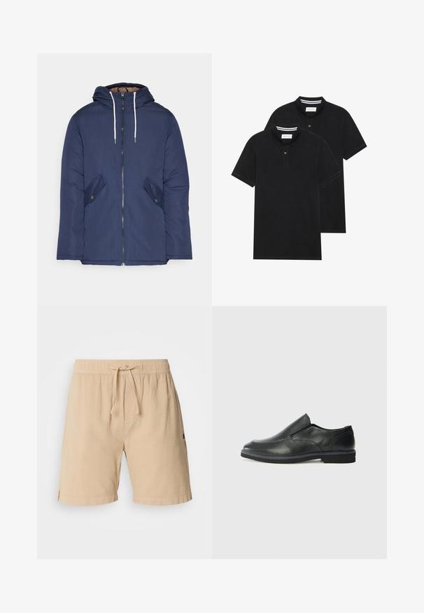 Veste matelassée bleu marine avec capuche, dotée d'une fermeture éclair à l'avant, de deux poches latérales avec boutons et de cordons de serrage blancs.; Deux polos noirs, à manches courtes, en coton, avec un col classique, une patte de boutonnage à deux boutons, et des accents rayés blancs à l'intérieur du col.; Shorts beiges en coton avec taille élastique, fermeture à cordon, poches latérales et détails de couture à l'ourlet.; Chaussure slip-on en cuir noir avec une tige lisse, des accents cousus, un bout arrondi et un petit talon en caoutchouc. La semelle présente un profil de traction minimal.