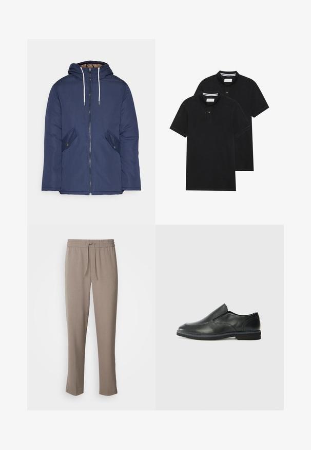 Sötétkék bélelt dzseki kapucnival, elülső cipzárral, két oldalsó zsebbel gombokkal és fehér húzózsinórokkal.; Két fekete pólóing, rövid ujjú, pamut anyagból készült, klasszikus gallérral, két gombos gombolással, és fehér csíkos díszítéssel a gallér belső részén.; Világosbarna nadrág, rugalmas derékkal és zsinórral. Szűkített szárak, sima textúrával, látható minták vagy díszítések nélkül.; Fekete bőr, slip-on cipő sima felsőrésszel, varrott díszítéssel, lekerekített orral és alacsony gumitalppal. A talpa minimális bordázattal rendelkezik.