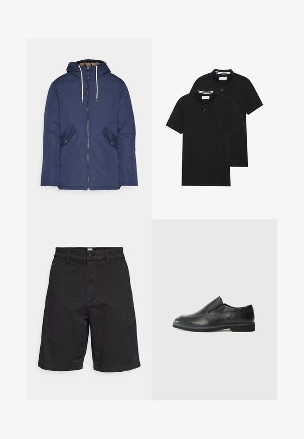 Navy plava podstava jakna s kapuljačom, koja ima prednji patentni zatvarač, dva bočna džepa s gumbima i bijele špage.; Dva crna polo majice, kratki rukavi, pamučni materijal, sa klasičnom ovratnikom, čepom sa dva gumba i bijelim prugastim detaljima unutar ovratnika.; GAP ESSENTIAL SHORT - Kratke hlače - true black; Crne kožne cipele na sklapanje s glatkom gornjom površinom, prošivenim detaljima, zaobljenim vrhom i niskim gumene potplate. Potplat ima minimalne uzorke.