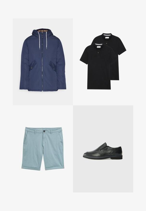 Marineblauwe gewatteerde jas met een capuchon, voorzien van een rits aan de voorkant, twee zijzakken met knopen en witte trekkoorden.; Twee zwarte polo shirts, met korte mouwen, van katoen, met een klassieke kraag, een knoopsluiting met twee knopen en witte gestreepte accenten aan de binnenkant van de kraag.; Lichtblauwe shorts van stof met een gladde textuur. Beschikt over een knoopsluiting, riemlussen en opgerolde zoom.; Zwarte leren instapper met een soepele bovenkant, gestikte accenten, ronde neus en een lage rubberen hak. De zool heeft minimale profiel.