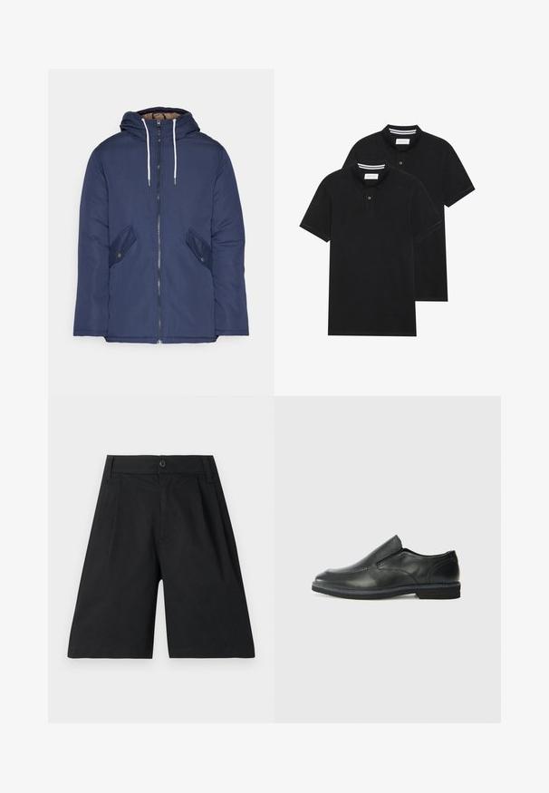 Tumesinine vahtkatseline jakk, millel on kapuuts, esilukk, kaks küljetaskut nupuga ja valged tõmblukud.; Kaks musta polo särki, lühikeste varrukatega, puuvillane materjal, klassikalise kraega, kahe nupuga kinnitusega, valgete triipudega krae sisepinnal.; Mustad puuvillased lühikesed püksid, sirge lõikega, volditud, nupuga lukuga ja siledast tekstuurist. Ilma nähtavate mustrite või aktsentideta.; Must musta laia suuga king, millel on sile ülemine osa, õmmeldud detailid, ümmargune nina ja madal kummist konts. Tallal on minimaalne mustr.