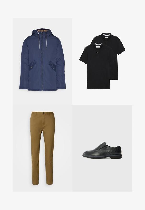 Giacca imbottita blu navy con cappuccio, dotata di zip frontale, due tasche laterali con bottoni e lacci bianchi.; Due magliette polo nere, con maniche corte, in cotone, con colletto classico, pattina a due bottoni e dettagli a righe bianche all'interno del colletto.; Pantaloni di cotone marroni con taglio dritto, dotati di chiusura con bottone e passanti per cintura, texture liscia e senza motivi o dettagli visibili.; Scarpa nera in pelle con inserto scivolare, superiore liscio, dettagli cuciti, punta arrotondata e tacco in gomma basso. La suola presenta un battistrada minimale.