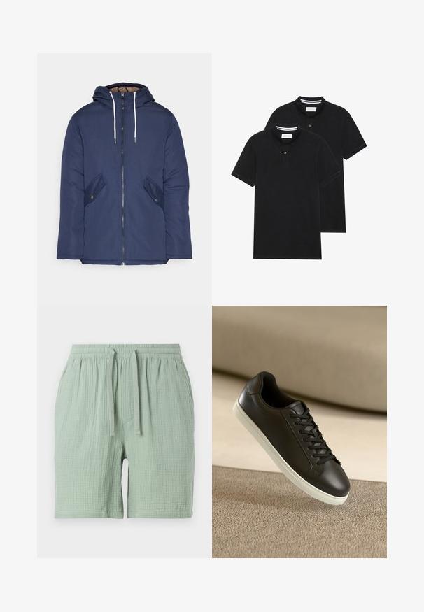 Giacca imbottita blu navy con cappuccio, dotata di zip frontale, due tasche laterali con bottoni e lacci bianchi.; Due magliette polo nere, con maniche corte, in cotone, con colletto classico, pattina a due bottoni e dettagli a righe bianche all'interno del colletto.; Pantaloni corti in cotone verde chiaro con elastico in vita e coulisse. Tessuto strutturato, leggermente stropicciato, dotato di una tasca laterale.; Sneaker in pelle nera con suola in gomma bianca e lacci neri, posizionato su una superficie e sfondo in tessuto beige.