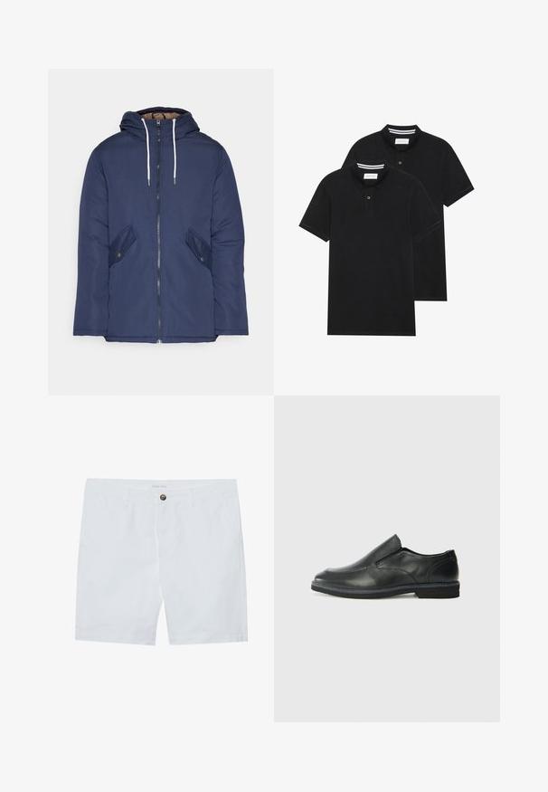 Giacca imbottita blu navy con cappuccio, dotata di zip frontale, due tasche laterali con bottoni e lacci bianchi.; Due magliette polo nere, con maniche corte, in cotone, con colletto classico, pattina a due bottoni e dettagli a righe bianche all'interno del colletto.; Shorts bianchi in cotone con chiusura anteriore a bottone, due tasche laterali e taglio dritto. Etichetta del marchio "Pier One" in vita.; Scarpa nera in pelle con inserto scivolare, superiore liscio, dettagli cuciti, punta arrotondata e tacco in gomma basso. La suola presenta un battistrada minimale.