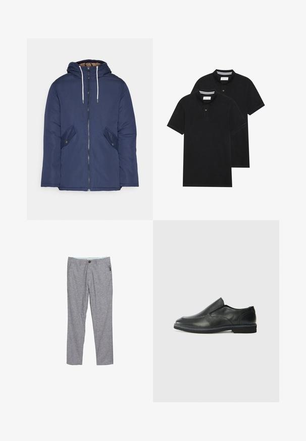 Marinblå vadderad jacka med huva, som har en framdragkedja, två sidofickor med knappar och vita dragsnören.; Två svarta polo t-shirts, kortärmade, i bomullsmaterial, med en klassisk krage, tvåknappsslutning och vita randiga accenter inuti kragen.; Grå, rakbenade byxor gjorda av texturerat tyg. Har en knäppning med knapp, bälteshällor och en liten sidoficka.; Svart lädersko i slip-on-modell med en slät ovandel, sömnadsdetaljer, rund tå och låg gummihäl. Sulan har minimal mönstring.