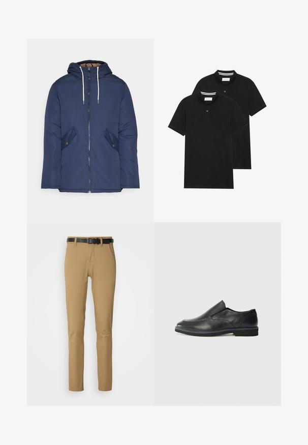 Marineblauwe gewatteerde jas met een capuchon, voorzien van een rits aan de voorkant, twee zijzakken met knopen en witte trekkoorden.; Twee zwarte polo shirts, met korte mouwen, van katoen, met een klassieke kraag, een knoopsluiting met twee knopen en witte gestreepte accenten aan de binnenkant van de kraag.; Khaki broek met een slim fit ontwerp, gemaakt van zachte stof. Heeft een zwarte riem, twee voorzakken en een recht gesneden pijp.; Zwarte leren instapper met een soepele bovenkant, gestikte accenten, ronde neus en een lage rubberen hak. De zool heeft minimale profiel.