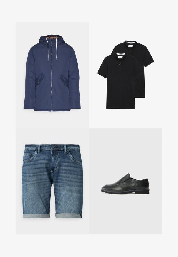 Tumesinine vahtkatseline jakk, millel on kapuuts, esilukk, kaks küljetaskut nupuga ja valged tõmblukud.; Kaks musta polo särki, lühikeste varrukatega, puuvillane materjal, klassikalise kraega, kahe nupuga kinnitusega, valgete triipudega krae sisepinnal.; Tumed sinised teksashortsid, millel on kerge kulumine. Omavad rullitudääriseid, viit taskut ja ees nupuga sulgemist.; Must musta laia suuga king, millel on sile ülemine osa, õmmeldud detailid, ümmargune nina ja madal kummist konts. Tallal on minimaalne mustr.