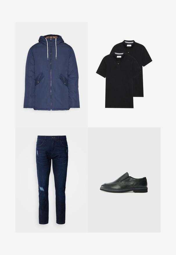 Námornícky modrá vystužená bunda s kapucňou, so zipsom vpredu, dvomi bočnými vreckami s gombíkmi a bielymi šnúrkami.; Dvé čierne polo tričká, krátke rukávy, vyrobené z bavlny, s klasickým golierom, dvojitým gombíkom a bielymi pruhmi vo vnútri goliera.; Tmavomodré denimové džínsy s rovný strih, s opotrebovanými miestami a malým vyfrievaním. Klasický dizajn s piatimi vreckami a zapínaním na gombík.; Čierny kožený nazúvací topánka s hladkým zvrškom, prešitými akcentmi, zaoblenou špičkou a nízkym gumovým podpätkom. Podošva má minimálny dezén.