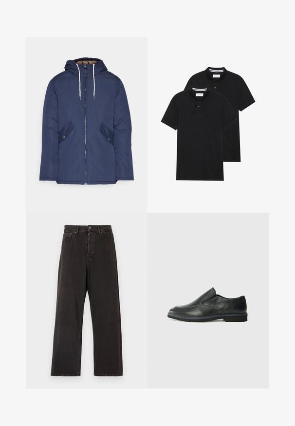 Námornícky modrá vystužená bunda s kapucňou, so zipsom vpredu, dvomi bočnými vreckami s gombíkmi a bielymi šnúrkami.; Dvé čierne polo tričká, krátke rukávy, vyrobené z bavlny, s klasickým golierom, dvojitým gombíkom a bielymi pruhmi vo vnútri goliera.; Čierne nohavice s širokými nohavicami vyrobené z denimu, s uzatváraním na gombík a zips, pútkami na opasok a bočnými vreckami s jemnou textúrou.; Čierny kožený nazúvací topánka s hladkým zvrškom, prešitými akcentmi, zaoblenou špičkou a nízkym gumovým podpätkom. Podošva má minimálny dezén.