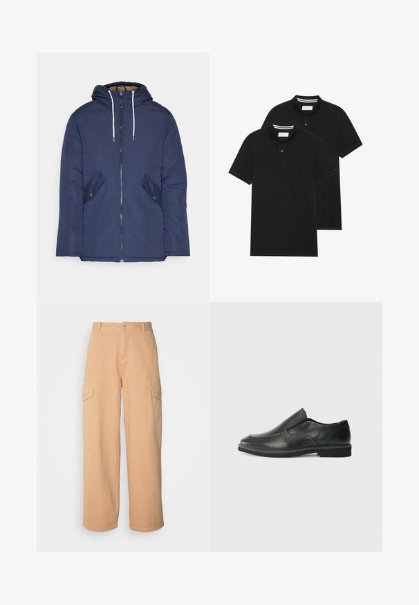 Marineblau gepadded Jacke mit Kapuze, ausgestattet mit einem Reißverschluss vorne, zwei seitlichen Taschen mit Knöpfen und weißen Kordeln.; Zwei schwarze Polohemden, kurzärmlig, aus Baumwolle, mit einem klassischen Kragen, zwei Knöpfen und weißen Streifenakzenten im Inneren des Kragens.; Beige weit geschnittene Cargo-Hose aus leichtem Stoff, mit zwei Seiten Taschen und einem Knopfverschluss an der Taille. Sanfte Textur.; Schwarze Leder-Slipper mit glattem Obermaterial, gesteppten Akzenten, runder Zehenpartie und niedrigem Gummiabsatz. Die Sohle hat ein minimales Profil.